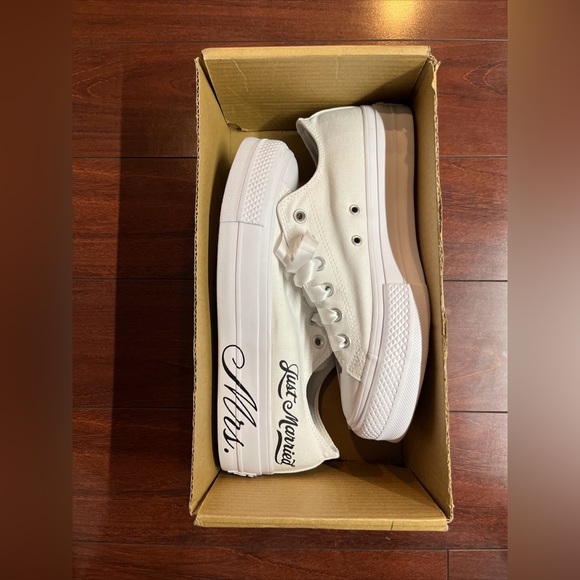 Custom Converse By You Lift Platform Low Womens 9.5 White Wedding Just Married - Picture 3 of 16